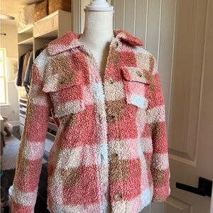 Girls Amazon Pink and Brown Plaid Sherpa Jacket